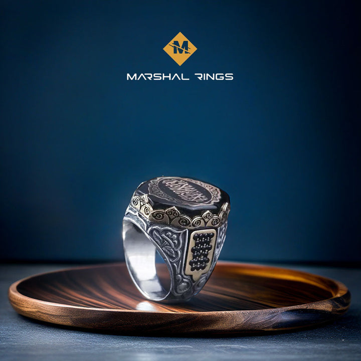 خاتم فضة رجالي إسلامي مرصع بحجر الكهرمان منقوش بعبارة التوحيد (عيار 925) - متجر المارشال للخواتم الرجالية 2