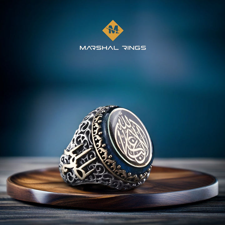 خاتم فضة رجالي 925 عثماني فاخر مرصع بحجر الزركون وبنقوش إسلامية دقيقة - متجر المارشال للخواتم الرجالية 1