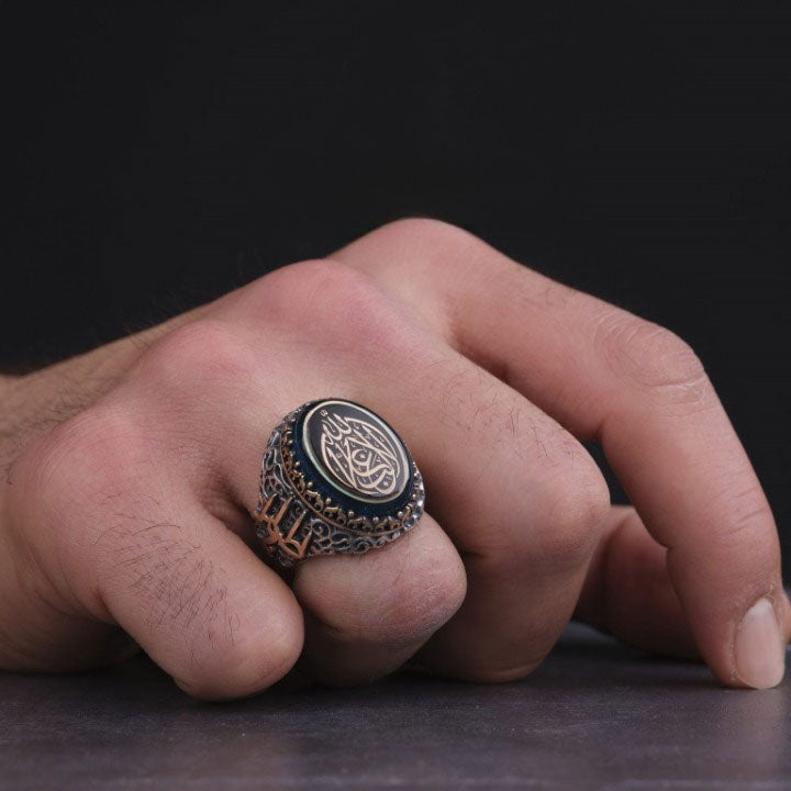 خاتم فضة رجالي 925 عثماني فاخر مرصع بحجر الزركون وبنقوش إسلامية دقيقة - متجر المارشال للخواتم الرجالية 3