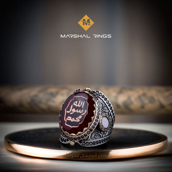خاتم فضة رجالي بنقش "محمد رسول الله" - تصميم عصري (عيار 925) - متجر المارشال للخواتم الرجالية 1
