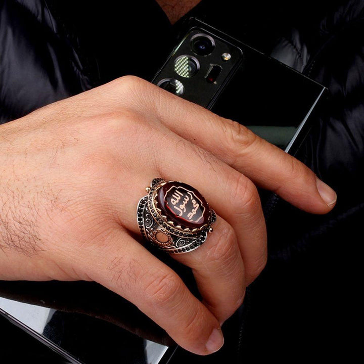 خاتم فضة رجالي بنقش "محمد رسول الله" - تصميم عصري (عيار 925) - متجر المارشال للخواتم الرجالية 3