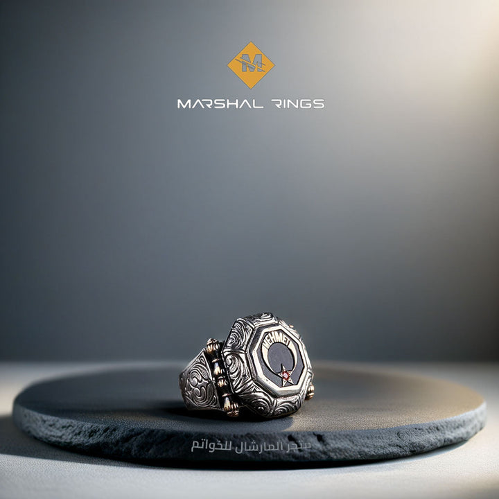 خاتم فضة 925 رجالي نقش النجمة والهلال حفر يديوي دقيق - متجر المارشال للخواتم الرجالية 1