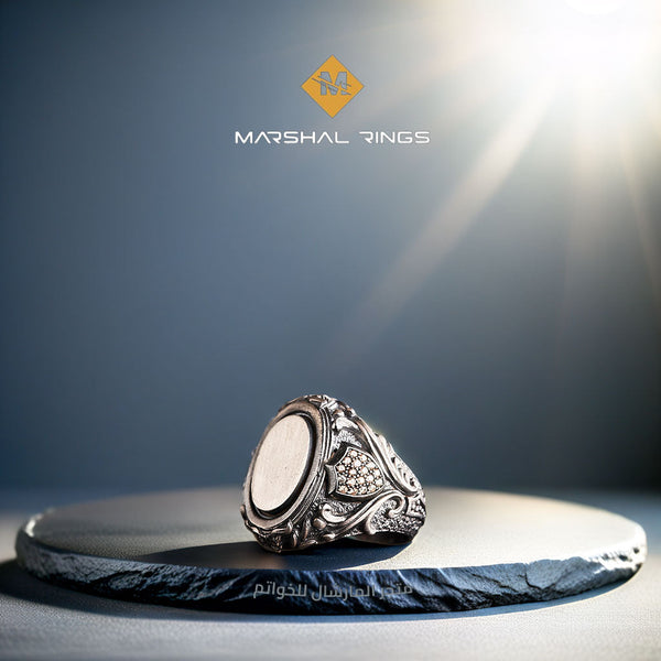 خاتم فضة رجالي 925 بنقشة الدرع الفريدة - متجر المارشال للخواتم الرجالية 1