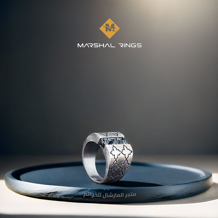 خاتم فضة رجالي عيار 925 مصمم بنقوش بزخرفات من الهندسة الاسلامية - متجر المارشال للخواتم الرجالية 2