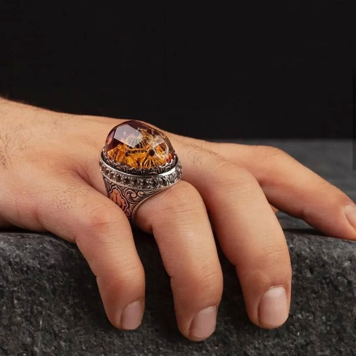 خاتم فضة 925 رجالي تصميم آيا صوفيا الفريد مرصع بحجر العنبر  - متجر المارشال للخواتم الرجالية 3