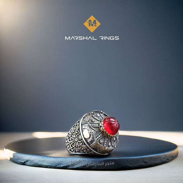 خاتم فضة رجالي عيار 925 موديل اسلامي مرصع بحجر العنبر على شكل قبة - متجر المارشال للخواتم الرجالية 1