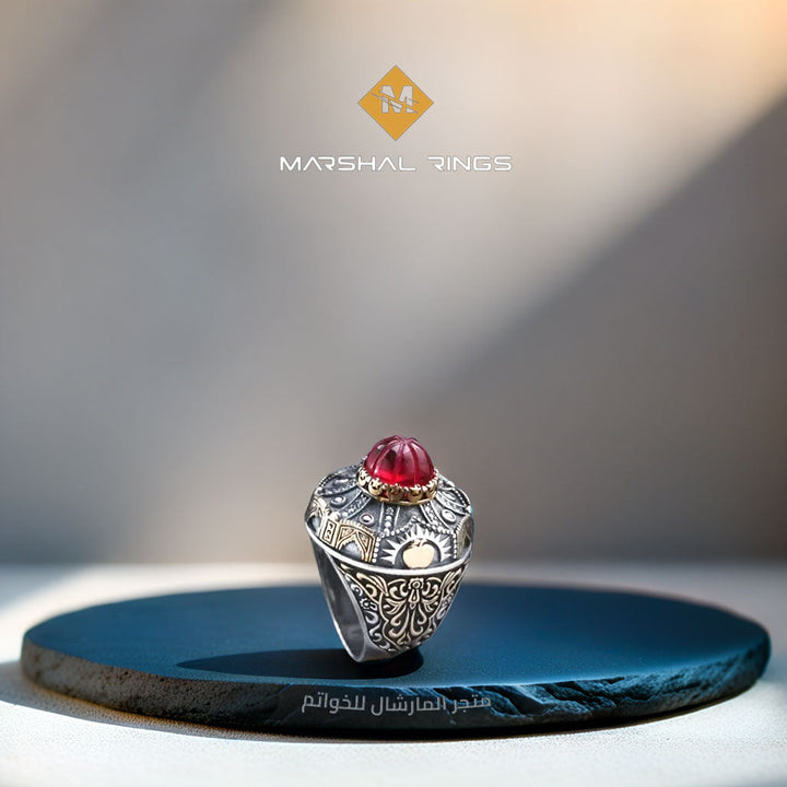خاتم فضة رجالي عيار 925 موديل اسلامي مرصع بحجر العنبر على شكل قبة - متجر المارشال للخواتم الرجالية 2