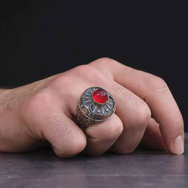 خاتم فضة رجالي عيار 925 موديل اسلامي مرصع بحجر العنبر على شكل قبة - متجر المارشال للخواتم الرجالية 3