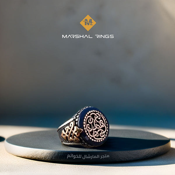 خاتم فضة 925 رجالي مرصع بحجر الكهرمان الأزرق الفاخر - متجر المارشال للخواتم الرجالية 1