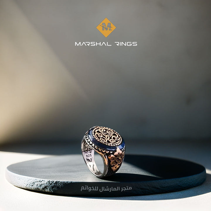 خاتم فضة 925 رجالي مرصع بحجر الكهرمان الأزرق الفاخر - متجر المارشال للخواتم الرجالية 2