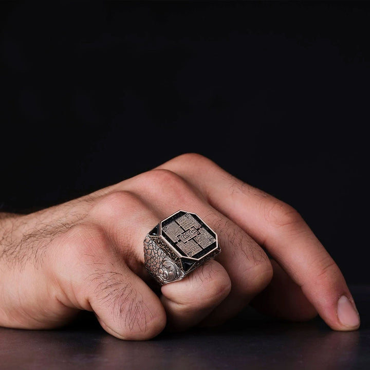 خاتم فضة 925 رجالي نقش بالخط الكوفي  سور ة "الناس" "الفلك" "الإخلاص" "الكافرون" - متجر المارشال للخواتم الرجالية 3