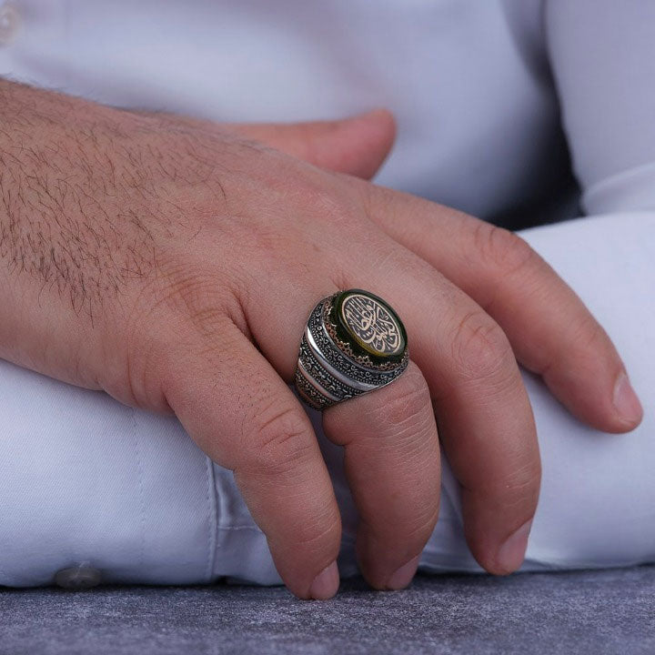 خاتم فضة 925 رجالي بيضاوي أخضر فاخر - متجر المارشال للخواتم الرجالية 2