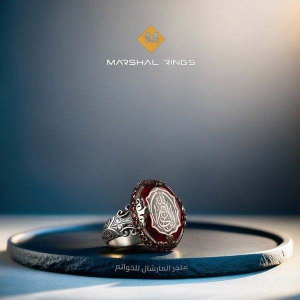 خاتم فضة رجالي اسلامي عيار 925 مرصع بحجر العنبر بنقش "لا غالب الا الله"  - متجر المارشال للخواتم الرجالية 1