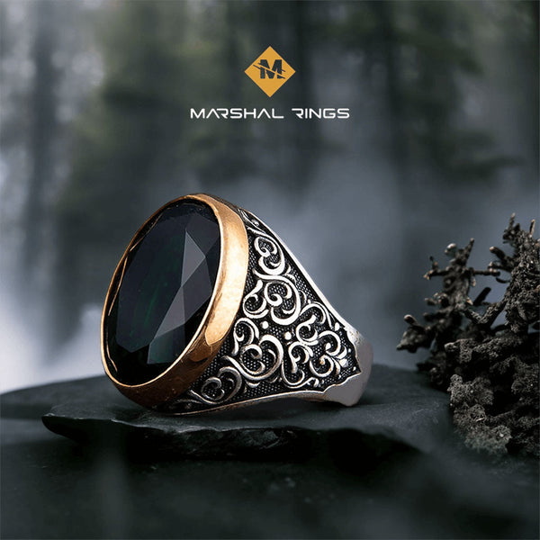 خاتم فضة رجالي عيار 925 بحجر زركون أخضر أنيق بتصميم عصري - متجر المارشال للخواتم الرجالية 1