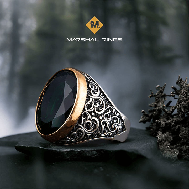 خاتم فضة رجالي عيار 925 بحجر زركون أخضر أنيق بتصميم عصري - متجر المارشال للخواتم الرجالية 1
