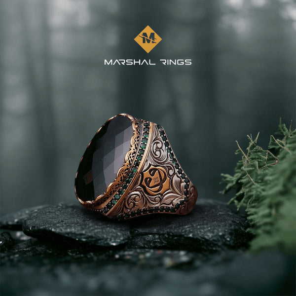 خاتم فضة رجالي عيار 925 بحجر زركون أخضر ملكي فاخر - متجر المارشال للخواتم الرجالية 1