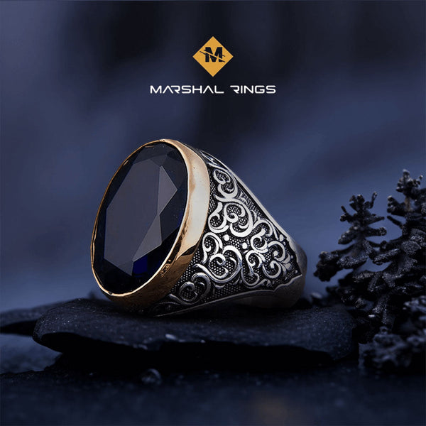 خاتم فضة رجالي عيار 925 بحجر زركون أزرق لامع بتصميم فاخر - متجر المارشال للخواتم الرجالية 1