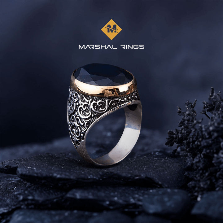 خاتم فضة رجالي عيار 925 بحجر زركون أزرق لامع بتصميم فاخر - متجر المارشال للخواتم الرجالية 2