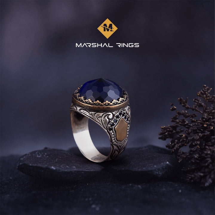 خاتم فضة رجالي عيار 925 بحجر زركون أزرق عميق بفخامة راقية - متجر المارشال للخواتم الرجالية 2