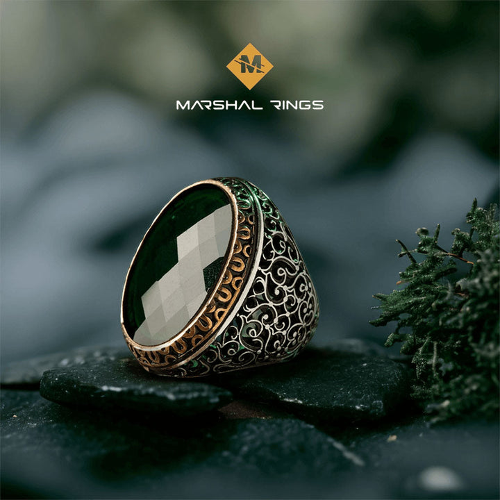 خاتم فضة رجالي عيار 925 مزخرف بحجر زركون أخضر بتصميم كلاسيكي - متجر المارشال للخواتم الرجالية 1