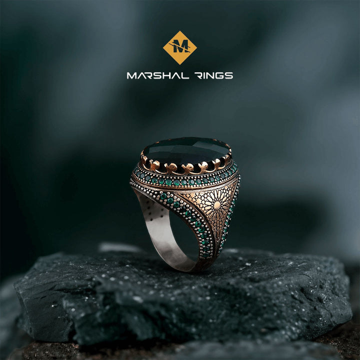 خاتم فضة رجالي عيار 925 بحجر زركون أخضر فاخر بتصميم راقٍ - متجر المارشال للخواتم الرجالية 2