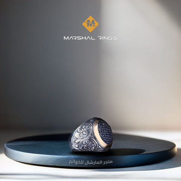 خاتم فضة رجالي 925 مرصع بأحجار مايكرو أزرق  - متجر المارشال للخواتم الرجالية 1