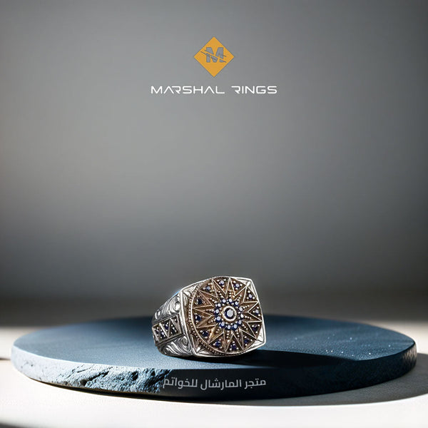 خاتم فضة رجالي 925 مرصع بأحجار مايكرو أزرق داكن - متجر المارشال للخواتم الرجالية 1