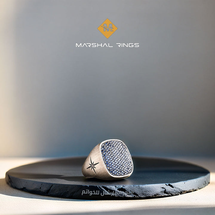 خاتم فضة رجالي 925 مرصع بأحجار مايكرو الأزرق  - متجر المارشال للخواتم الرجالية 1