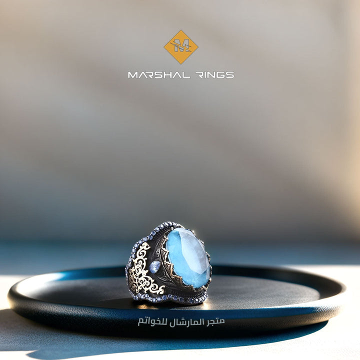 خاتم فضة رجالي 925 مرصع بحجر الباريبا الأزرق ضمن تصميم كلاسيكي - متجر المارشال للخواتم الرجالية 1