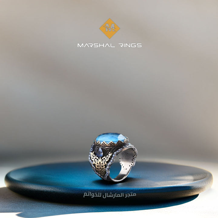 خاتم فضة رجالي 925 مرصع بحجر الباريبا الأزرق ضمن تصميم كلاسيكي - متجر المارشال للخواتم الرجالية 2