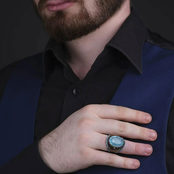 خاتم فضة رجالي 925 مرصع بحجر الباريبا الأزرق ضمن تصميم كلاسيكي - متجر المارشال للخواتم الرجالية 3