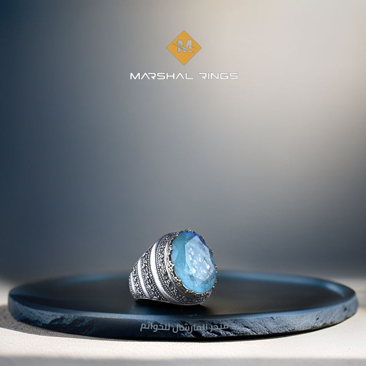 خاتم فضة رجالي 925 مرصع بحجر الباريبا الأزرق الفاخر - متجر المارشال للخواتم الرجالية 1