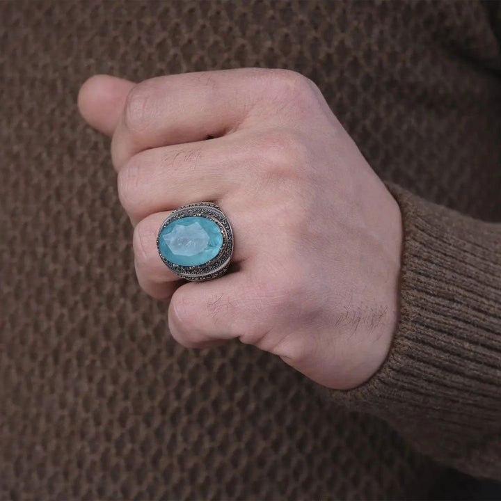خاتم فضة رجالي 925 مرصع بحجر الباريبا الأزرق الفاخر - متجر المارشال للخواتم الرجالية 3