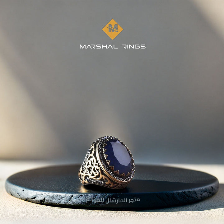 خاتم فضة رجالي 925 مرصع بحجر الباريبا باللون الأزرق الداكن - متجر المارشال للخواتم الرجالية 1