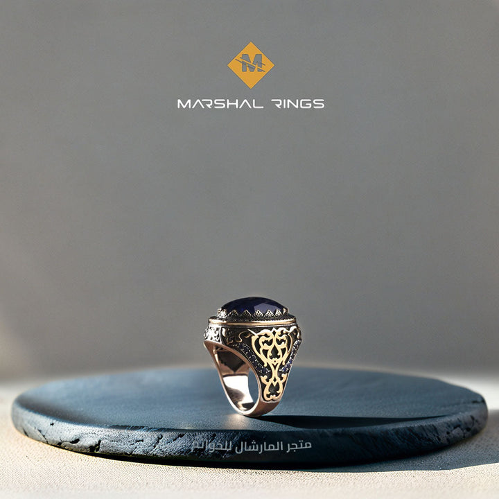 خاتم فضة رجالي 925 مرصع بحجر الباريبا باللون الأزرق الداكن - متجر المارشال للخواتم الرجالية 2