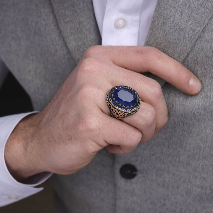 خاتم فضة رجالي 925 مرصع بحجر الباريبا باللون الأزرق الداكن - متجر المارشال للخواتم الرجالية 3