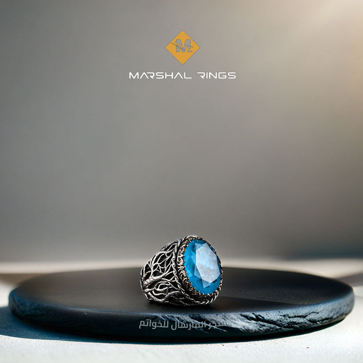 خاتم فضة رجالي 925 مزين بقبة زرقاء بتصميم الغابة السوداء - متجر المارشال للخواتم الرجالية 1
