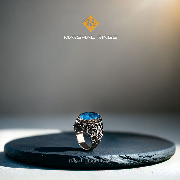 خاتم فضة رجالي 925 مزين بقبة زرقاء بتصميم الغابة السوداء - متجر المارشال للخواتم الرجالية 2
