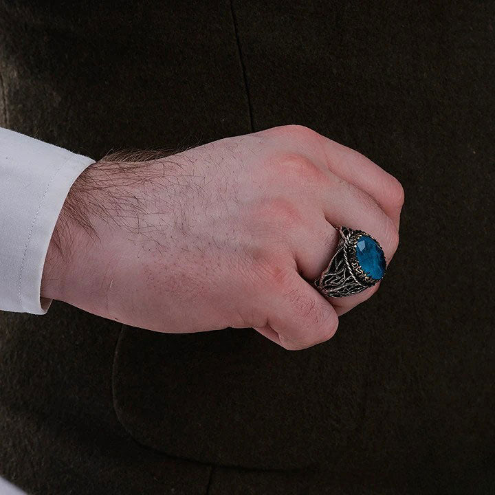 خاتم فضة رجالي 925 مزين بقبة زرقاء بتصميم الغابة السوداء - متجر المارشال للخواتم الرجالية 3