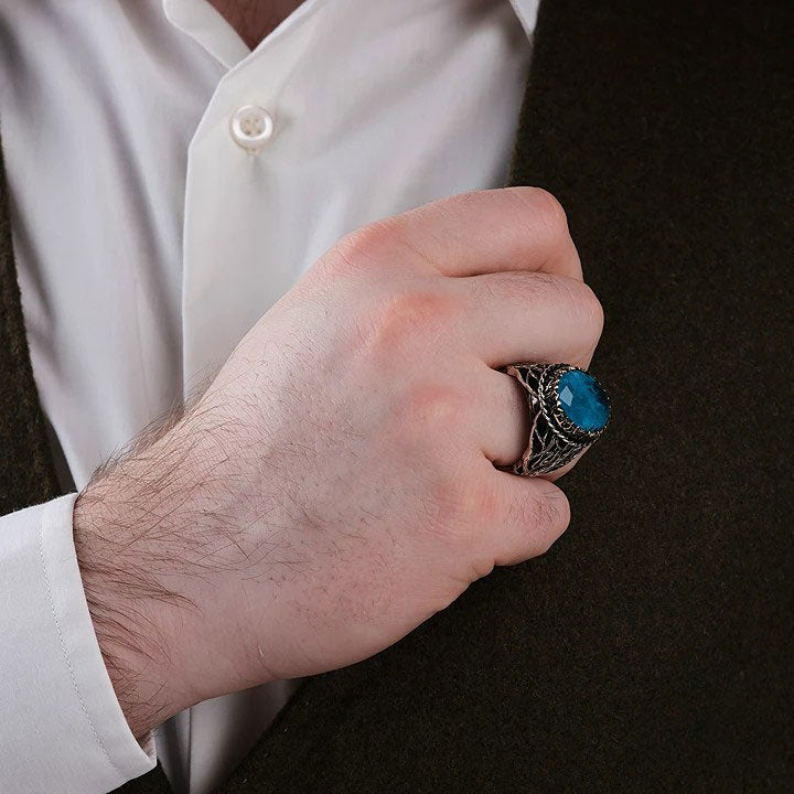 خاتم فضة رجالي 925 مزين بقبة زرقاء بتصميم الغابة السوداء - متجر المارشال للخواتم الرجالية 4