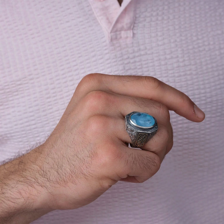 خاتم فضة رجالي 925 مرصع بحجر الباريبا بتصميم كلاسيكي - متجر المارشال للخواتم الرجالية 3