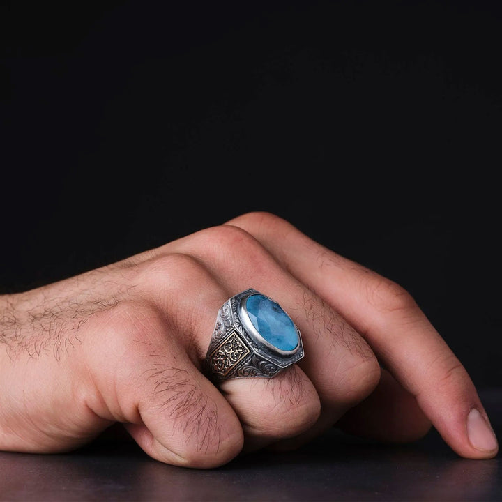 خاتم فضة رجالي 925 مرصع بحجر الباريبا بتصميم كلاسيكي - متجر المارشال للخواتم الرجالية 4