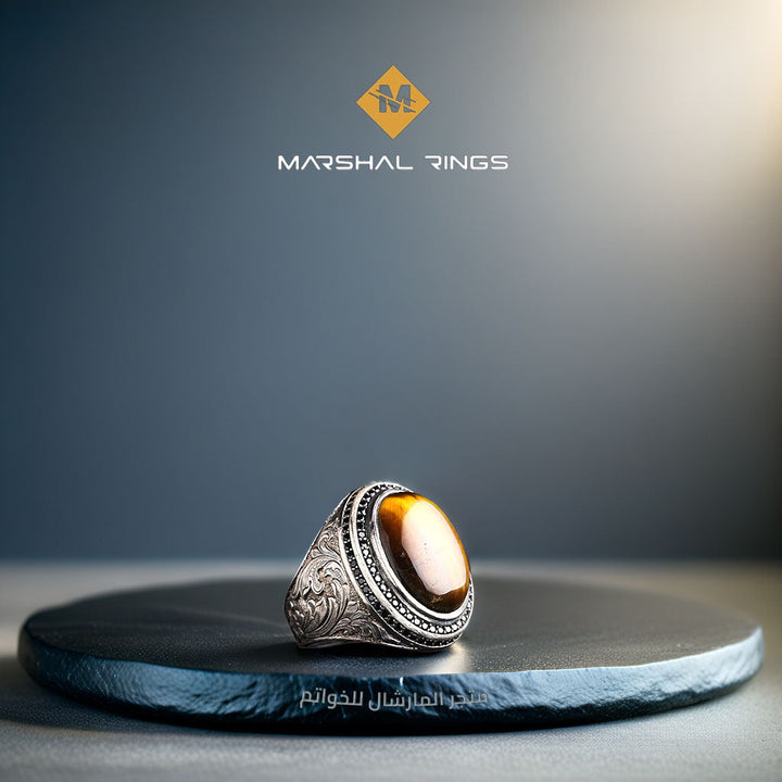 خاتم فضة رجالي 925 مرصع بحجر عين النمر الطبيعي ضمن إطار أنيق - متجر المارشال للخواتم الرجالية 2