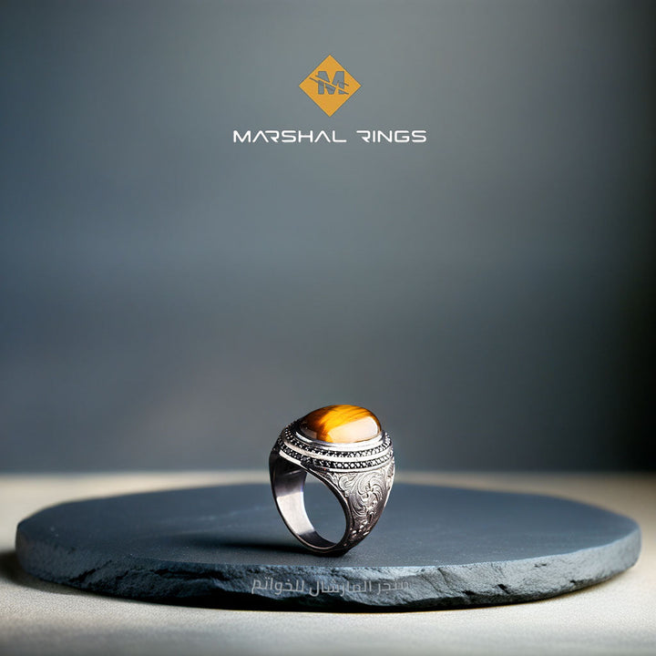 خاتم فضة رجالي 925 مرصع بحجر عين النمر الطبيعي ضمن إطار أنيق - متجر المارشال للخواتم الرجالية 3