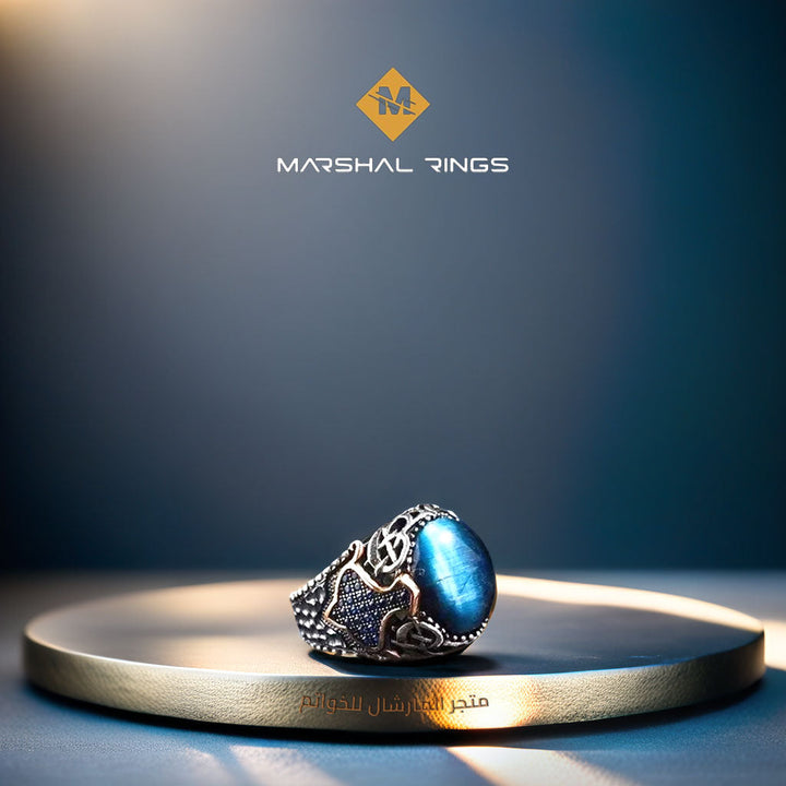 خاتم فضة رجالي 925 مرصع بحجر عين النمر الأزرق بتصميم عصري - متجر المارشال للخواتم الرجالية 1