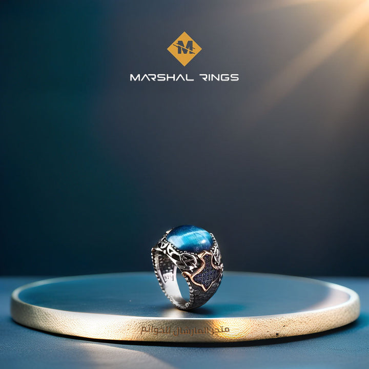 خاتم فضة رجالي 925 مرصع بحجر عين النمر الأزرق بتصميم عصري - متجر المارشال للخواتم الرجالية 2