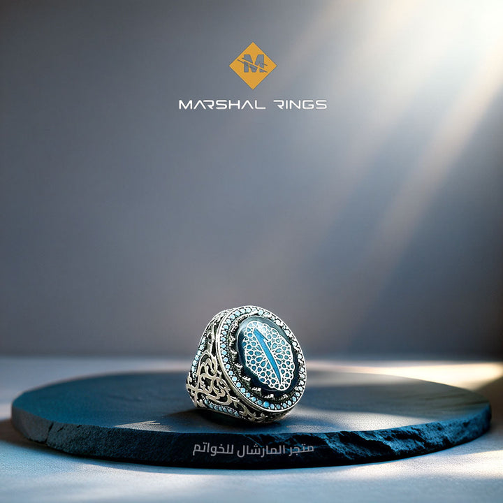 خاتم فضة رجالي 925 مرصع بحجر الفيروز مزين بنقش عثماني  - متجر المارشال للخواتم الرجالية 1