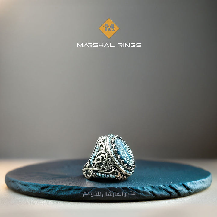 خاتم فضة رجالي 925 مرصع بحجر الفيروز مزين بنقش عثماني  - متجر المارشال للخواتم الرجالية 2