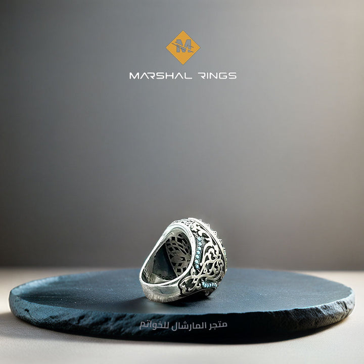 خاتم فضة رجالي 925 مرصع بحجر الفيروز مزين بنقش عثماني  - متجر المارشال للخواتم الرجالية 3