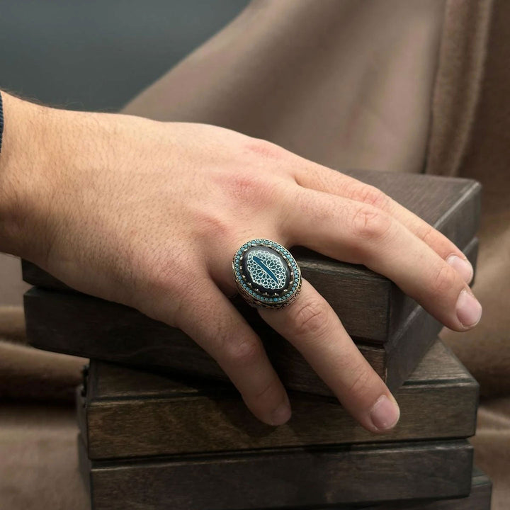 خاتم فضة رجالي 925 مرصع بحجر الفيروز مزين بنقش عثماني  - متجر المارشال للخواتم الرجالية 5